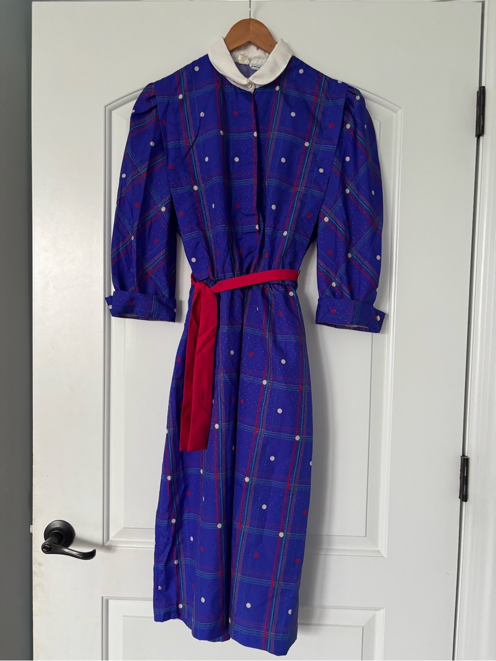 VTG 80s KH II Sportswear Plaid Polka Dot Dress White Peter Pan Collar Size 14
